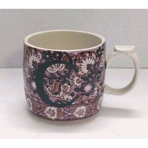 Anthropologie Initial "C" Coffee Mug Cup Pink Teal Floral Paisley Speckled